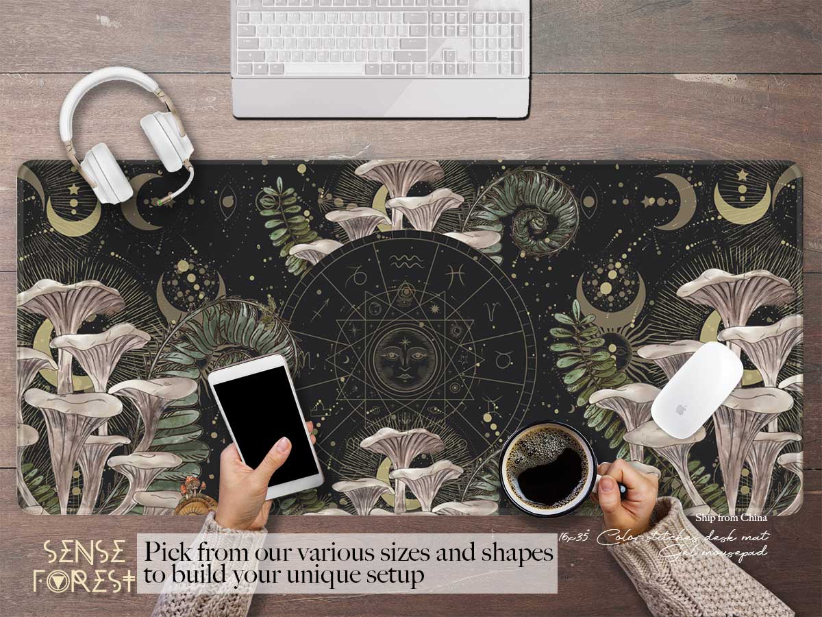 white oyster muchroom fern moon forest zodiac witchy XXL desk mat altar mouse pad by sense forest