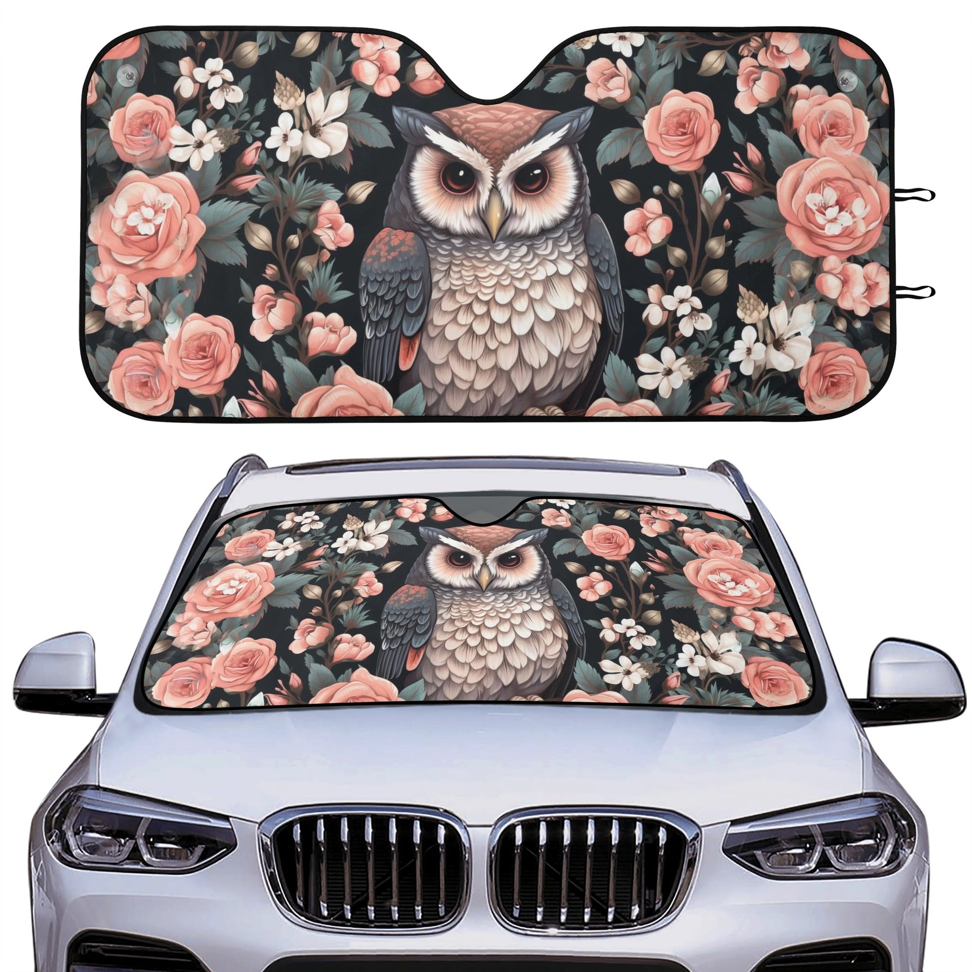 Kawaii Rose Bush Owl Cottagecore Car Windshield Sun Shade