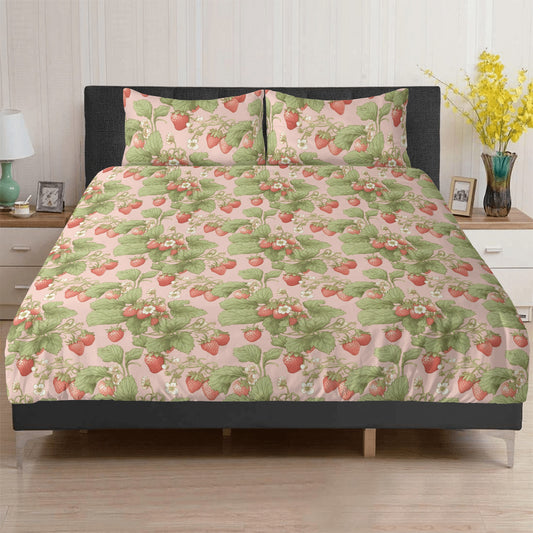 Pink Strawberry Cottagecore 3 Pcs Beddings duvet cover pillowcase set