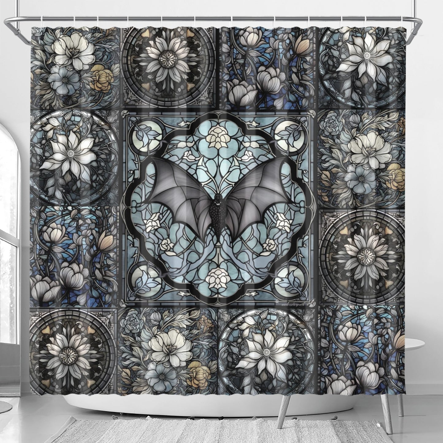 Medieval Goth stained glass bat floral dark academia shower curtain by sense forest