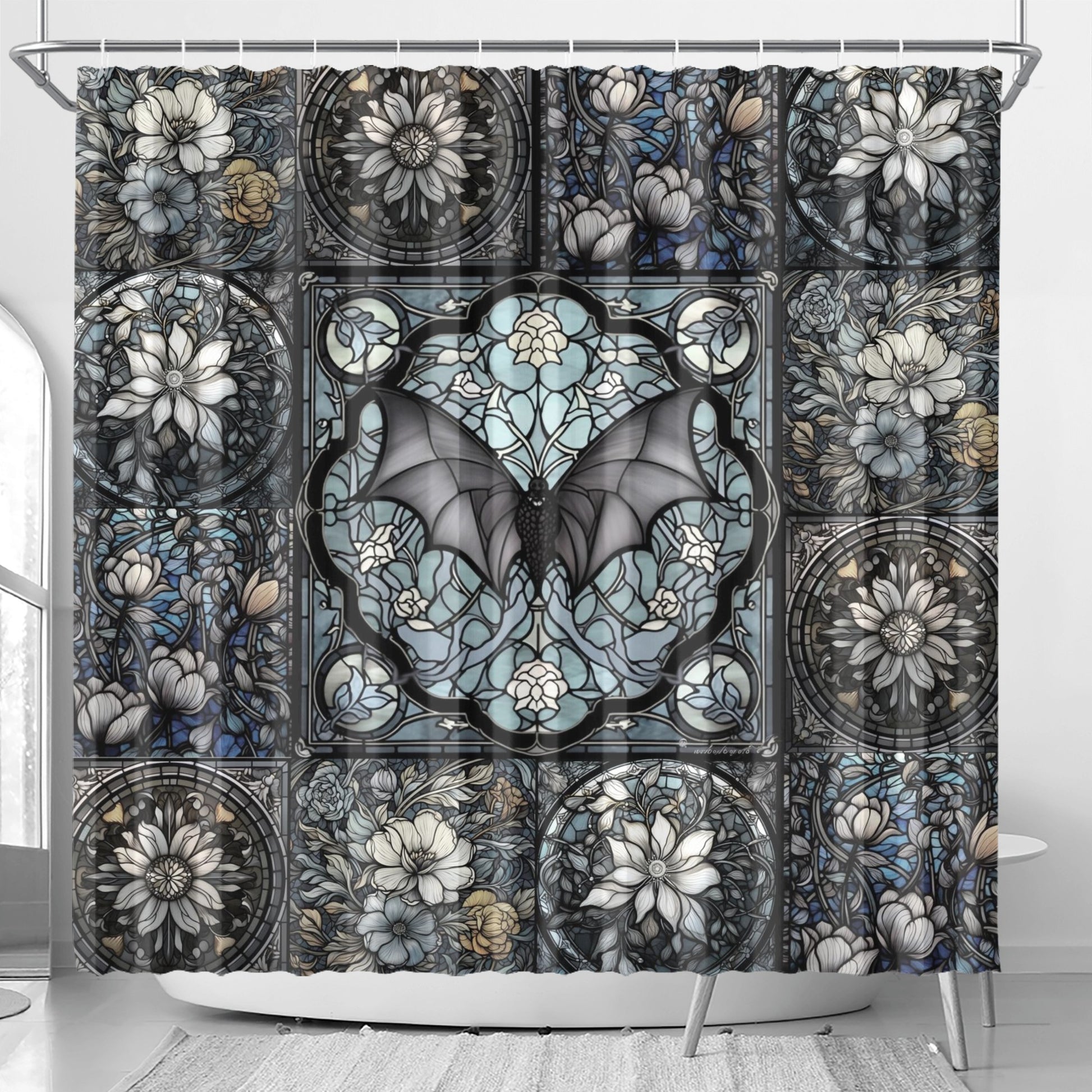 Medieval Goth stained glass bat floral dark academia shower curtain by sense forest