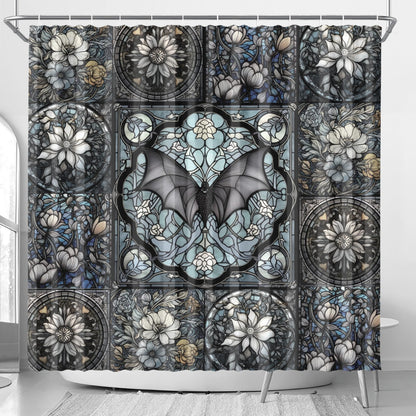 Medieval Goth stained glass bat floral dark academia shower curtain by sense forest