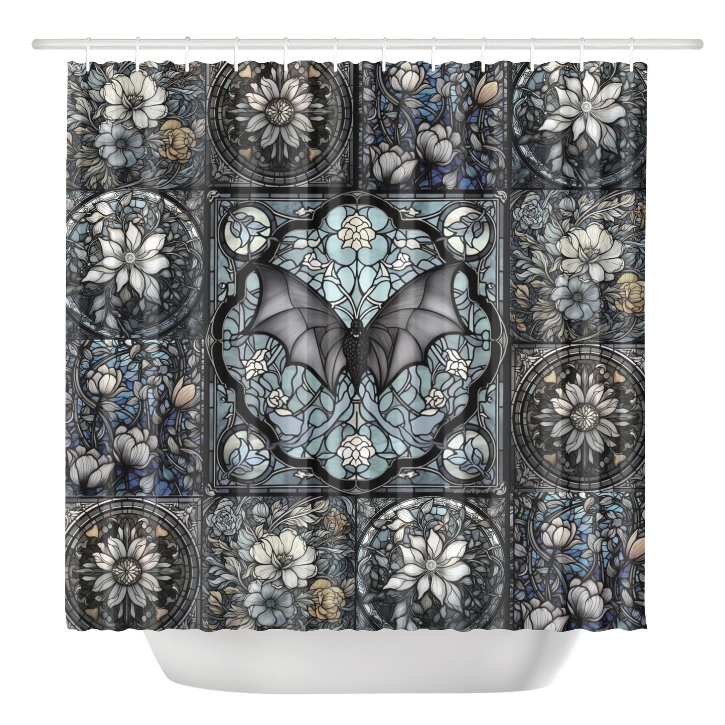 Medieval Goth stained glass bat floral dark academia shower curtain by sense forest