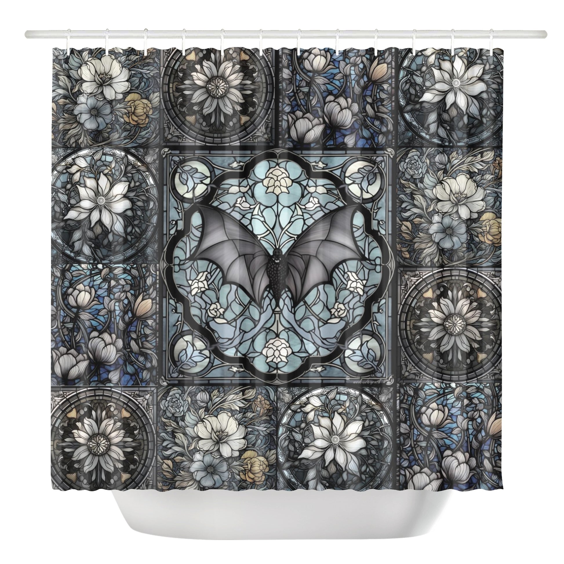 Medieval Goth stained glass bat floral dark academia shower curtain by sense forest