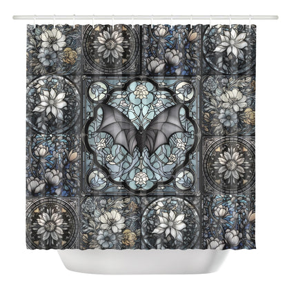 Medieval Goth stained glass bat floral dark academia shower curtain by sense forest