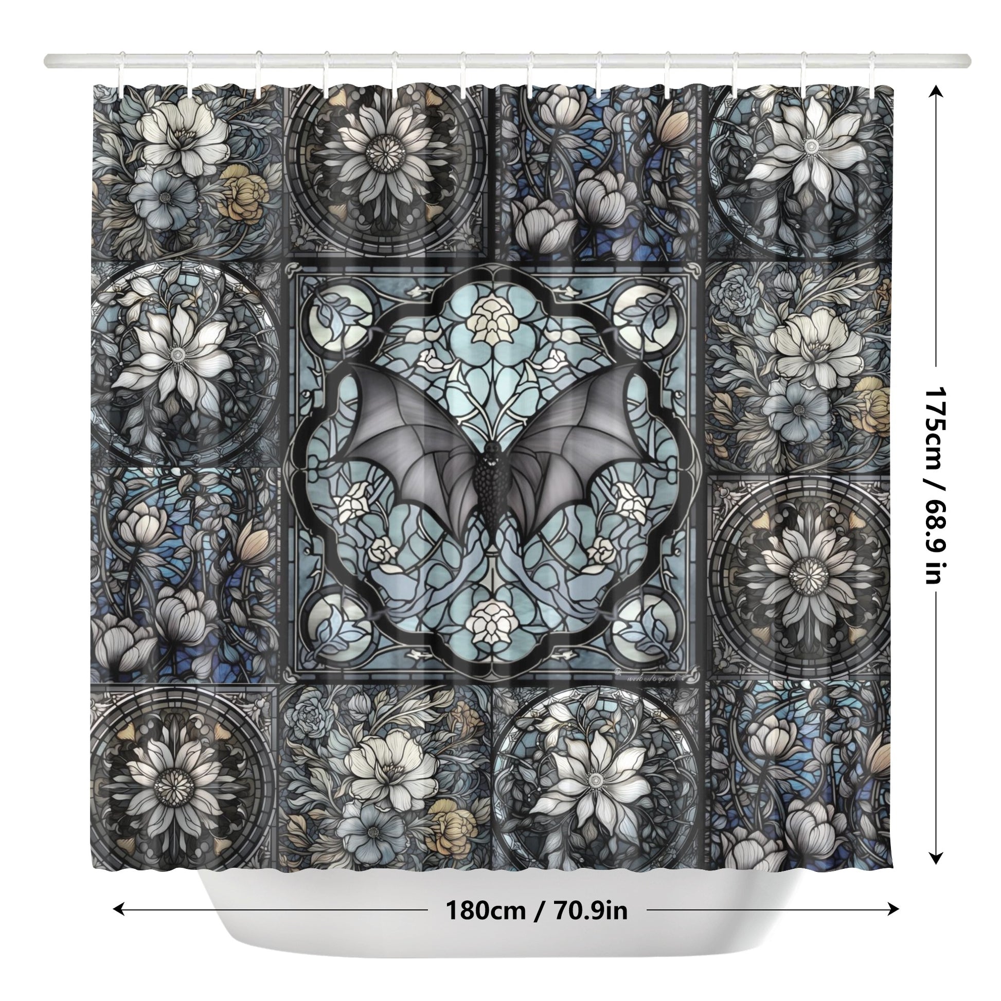 175cm x 180cm Medieval Goth stained glass bat floral dark academia shower curtain by sense forest