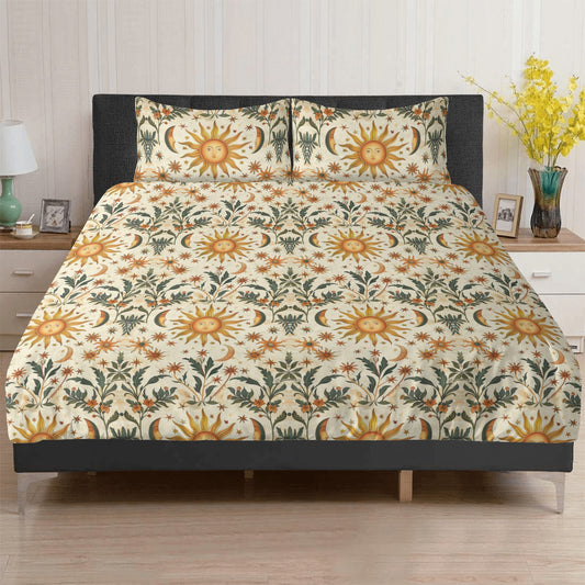 Cottagecore Whimsical Sun Moon Star Floral 3 Pcs Beddings Duvet Cover Set with pillowcase