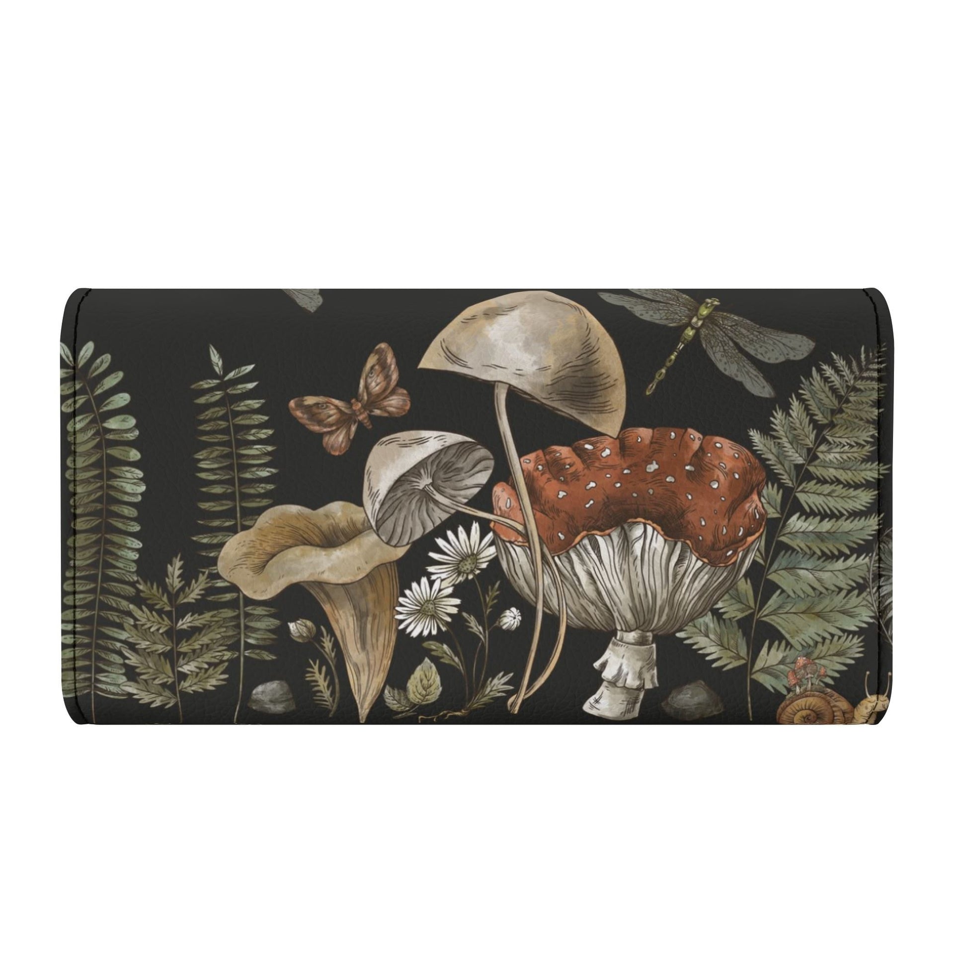 The Cottagecore Mushroom Fern Trifold Womens Long Clutch Wallet features PU leather with illustrated mushrooms, ferns, daisies, a butterfly, dragonfly, and snail on a dark background.