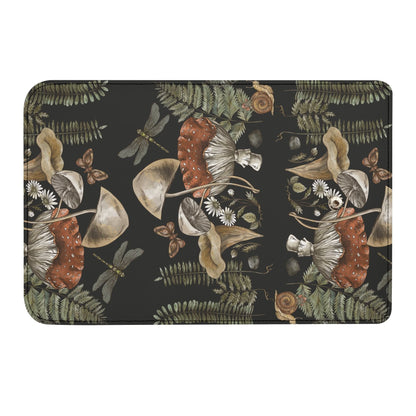 The Cottagecore Mushroom Fern Trifolds Womens Long Clutch Wallet features a woodland pattern of mushrooms, dragonflies, snails, ferns, and daisies on a dark background, with earthy tones for a charming natural look.