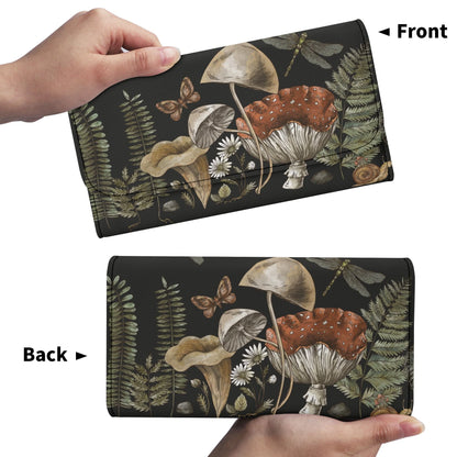 The Cottagecore Mushroom Fern Trifolds Womens Long Clutch Wallets feature a PU leather design with ferns, daisies, dragonfly, and butterfly motifs. Both sides display the same enchanting nature pattern for a charming cottagecore look.