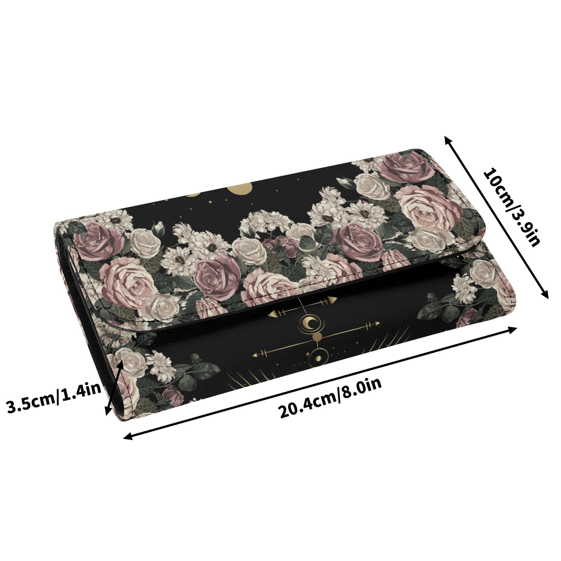 size of Pale Rose Moon Phase Witchy Vegan Leather wallet by Sense Forest