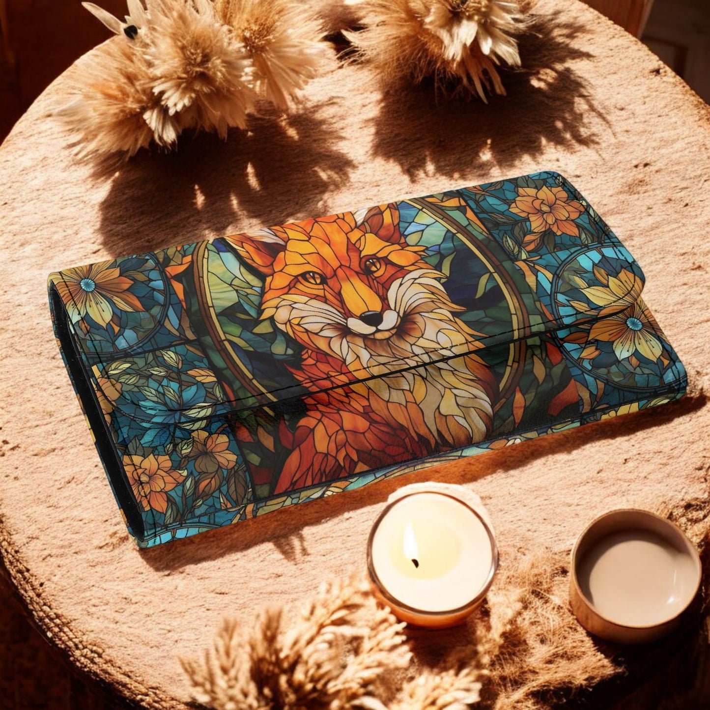 Stained glass Forest Fox Vegan Leather Small Wallet, Spring cottagecore trifold wallet, Credit Card organizer, Whimsical gift