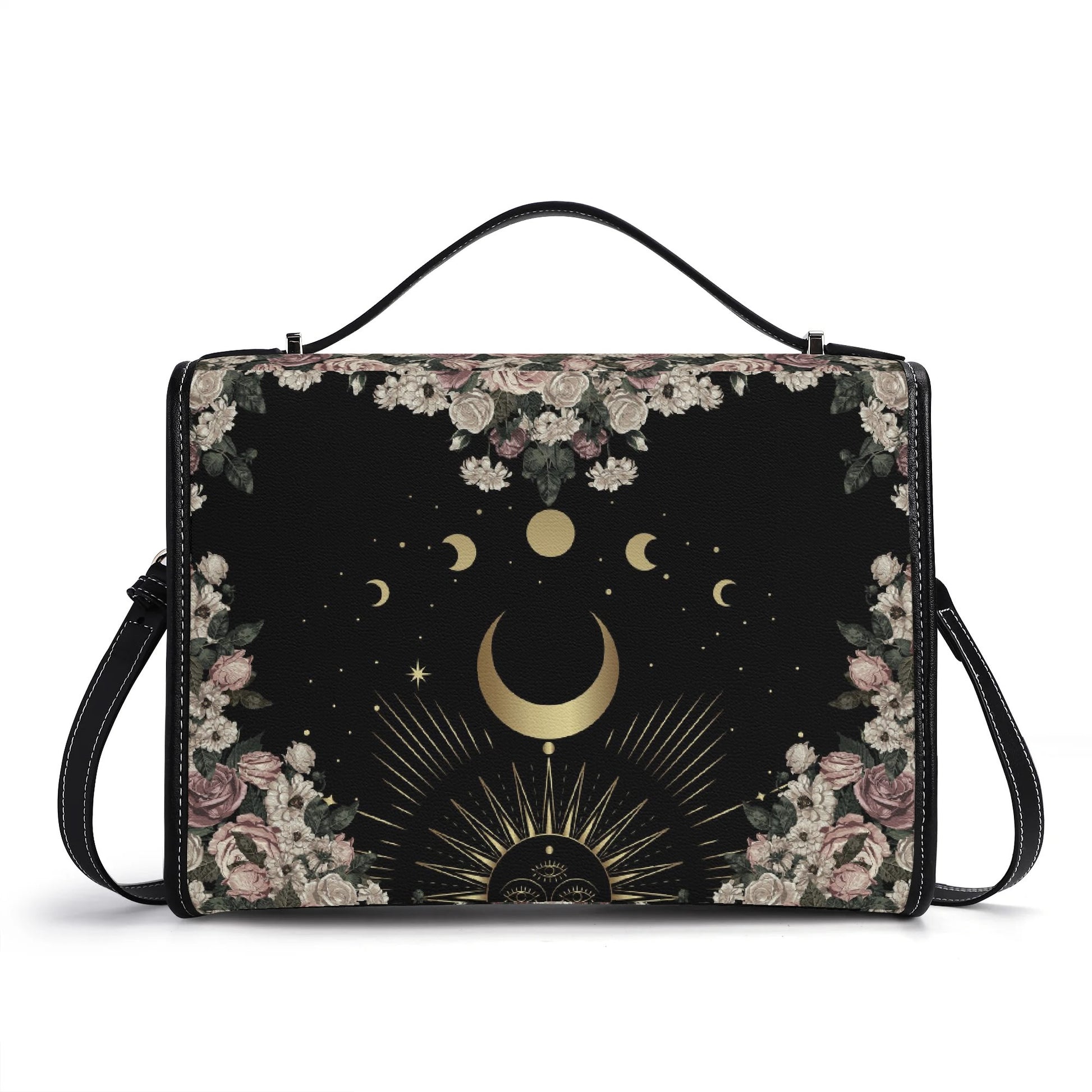 back side Pale Rose Moon Phase Witchy Vegan Leather satchel bag by Sense Forest