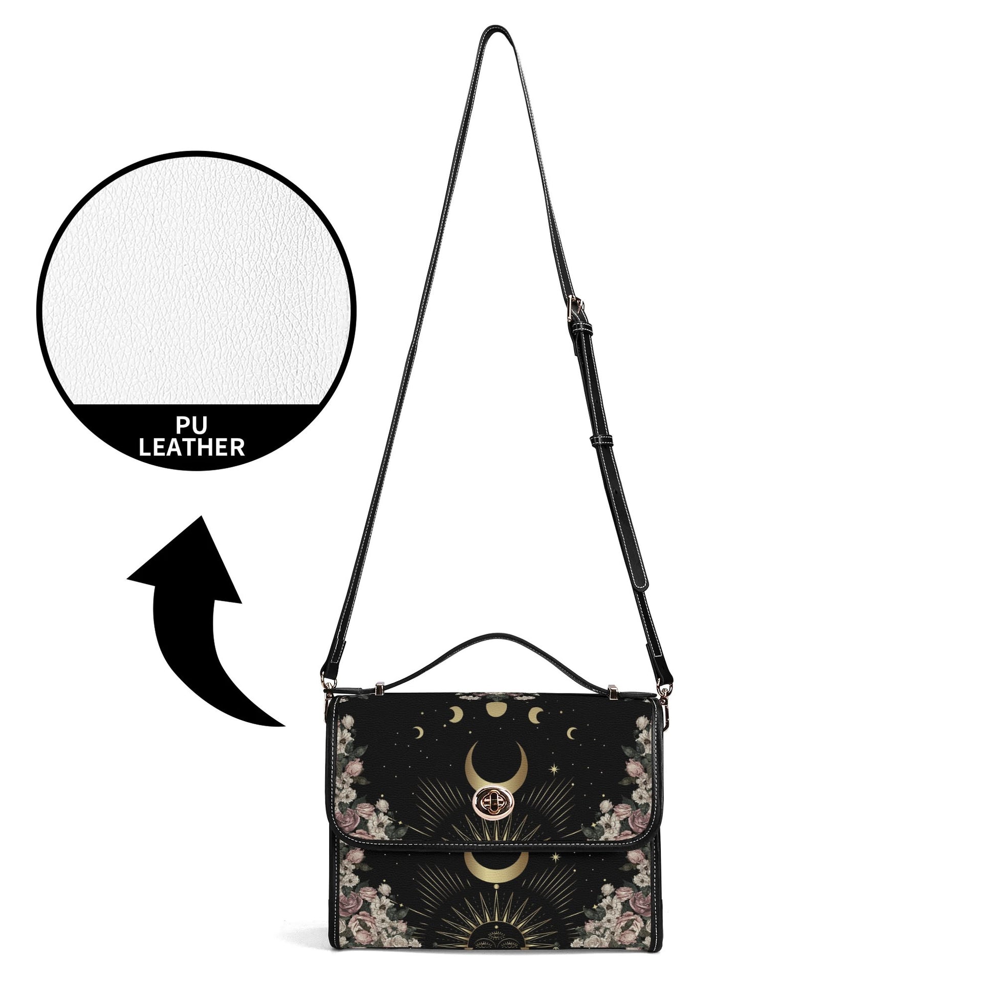crossbody strap of Pale Rose Moon Phase Witchy Vegan Leather satchel bag by Sense Forest