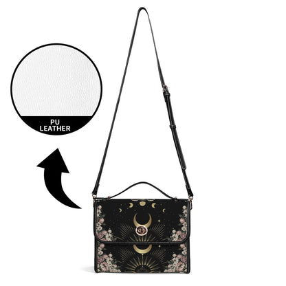 crossbody strap of Pale Rose Moon Phase Witchy Vegan Leather satchel bag by Sense Forest