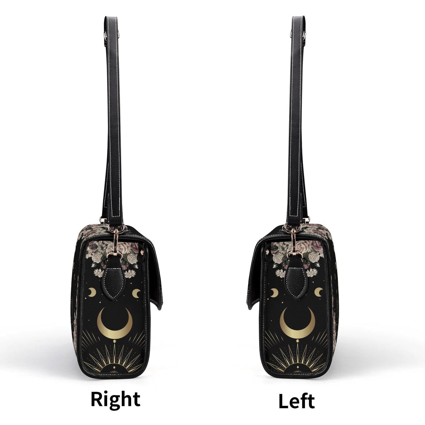 side views of Pale Rose Moon Phase Witchy Vegan Leather satchel bag by Sense Forest