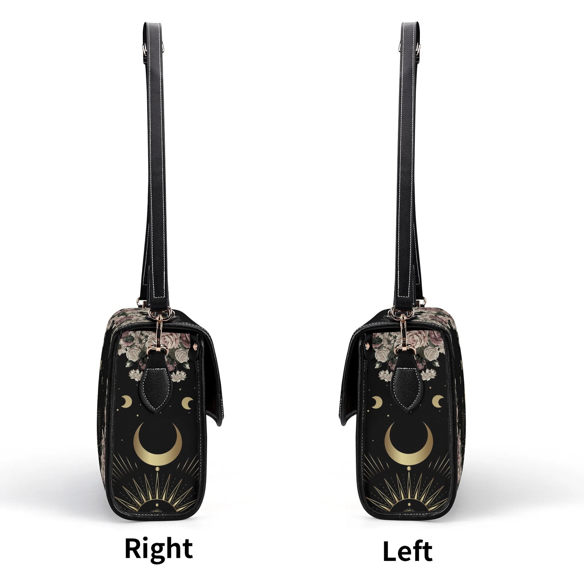side views of Pale Rose Moon Phase Witchy Vegan Leather satchel bag by Sense Forest