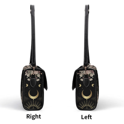 side views of Pale Rose Moon Phase Witchy Vegan Leather satchel bag by Sense Forest