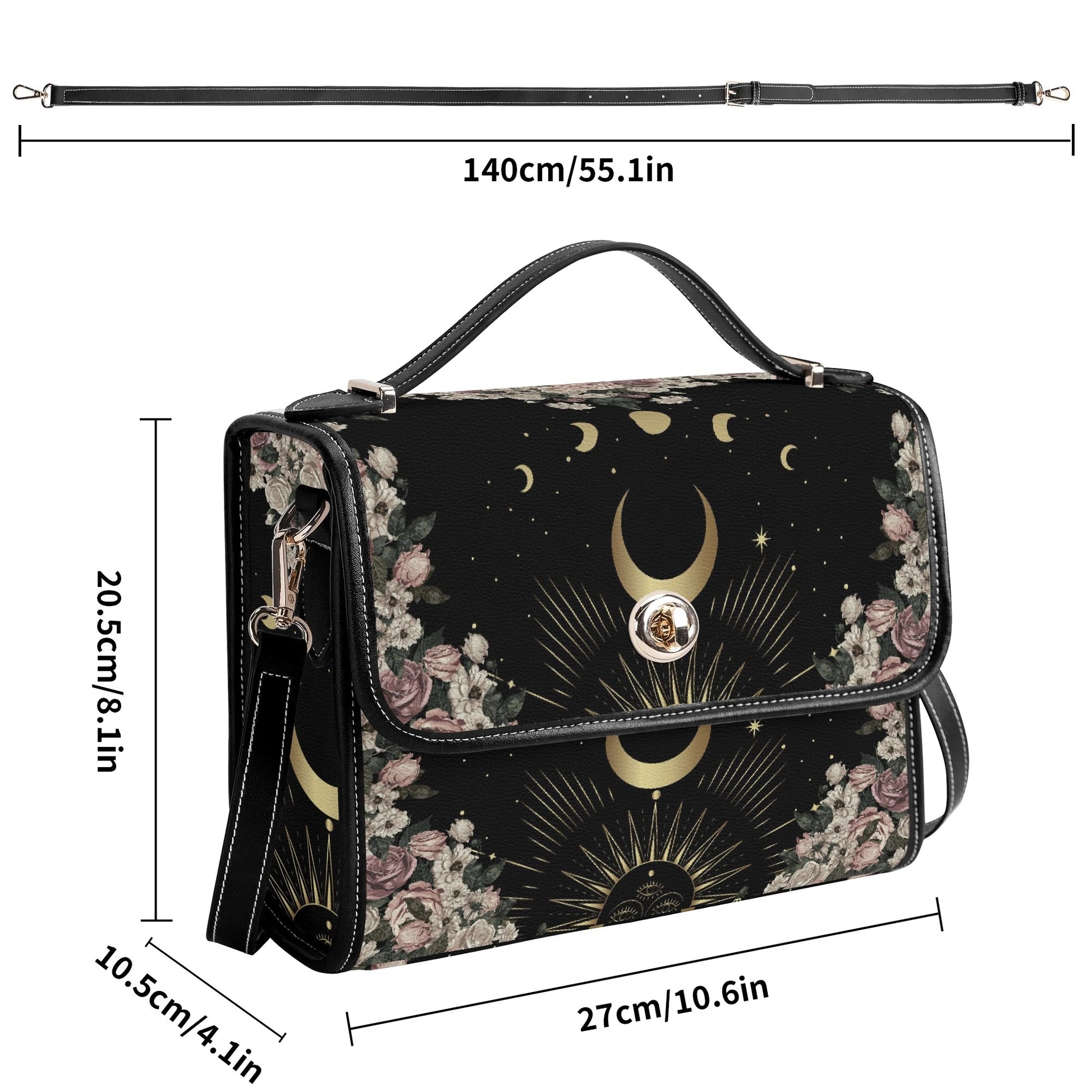 size of Pale Rose Moon Phase Witchy Vegan Leather satchel bag by Sense Forest
