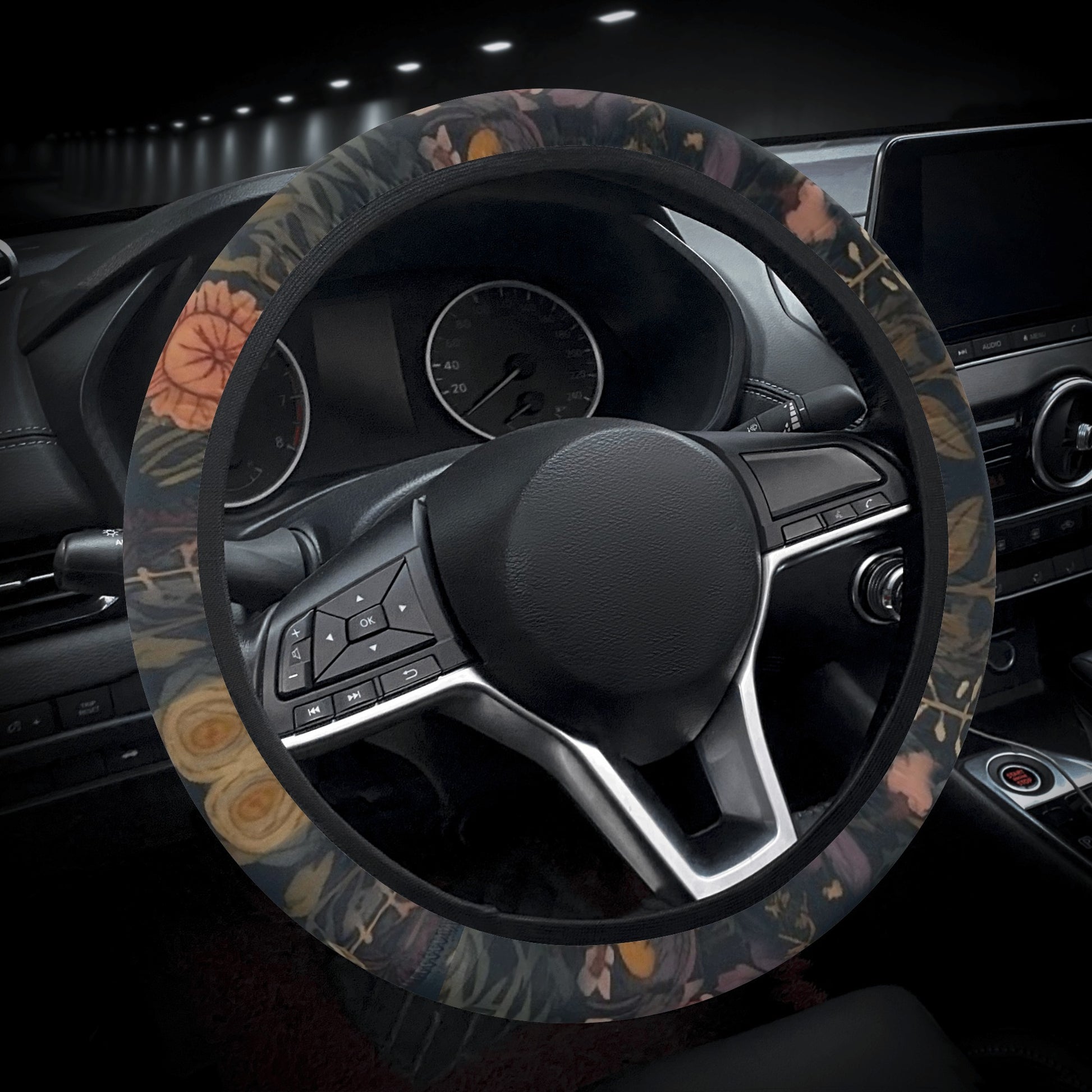 Red moon phase botanical celestial car steering wheel cover