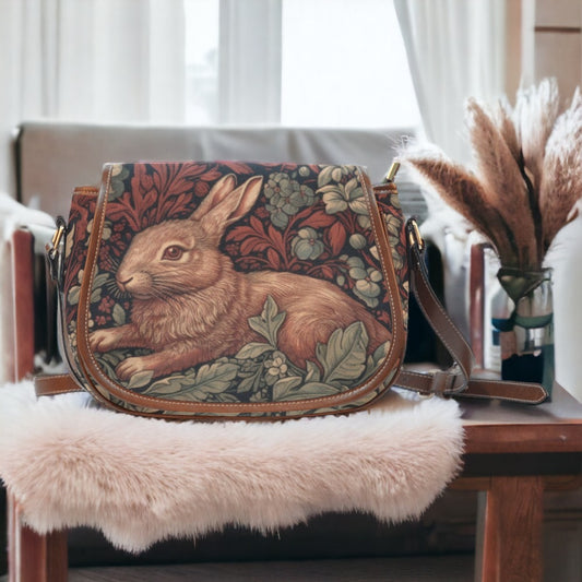 Retro Red Botanical Rabbit Canvas Saddle Bag | Sense Forest