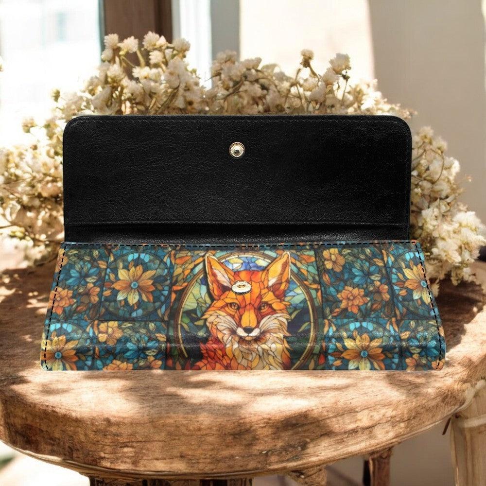 Stained glass Forest Fox Vegan Leather Small Wallet, Spring cottagecore trifold wallet, Credit Card organizer, Whimsical gift