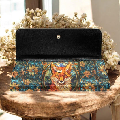 Stained glass Forest Fox Vegan Leather Small Wallet, Spring cottagecore trifold wallet, Credit Card organizer, Whimsical gift