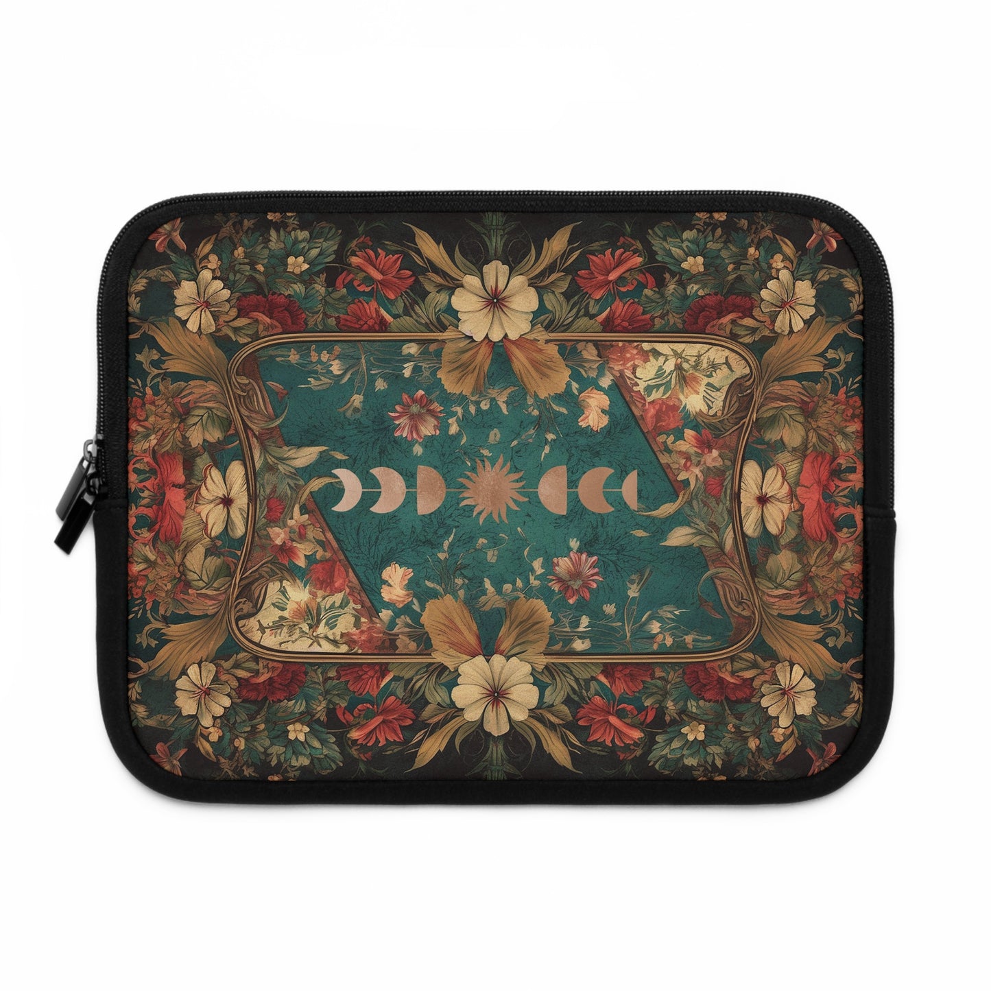 Maximalist floral Teal green sun moon laptop sleeve | Sense Forest