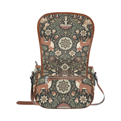 back view of Retro canvas saddle bag with fox mushroom rabbit print in the style of forest witch cottagecore by sense forest