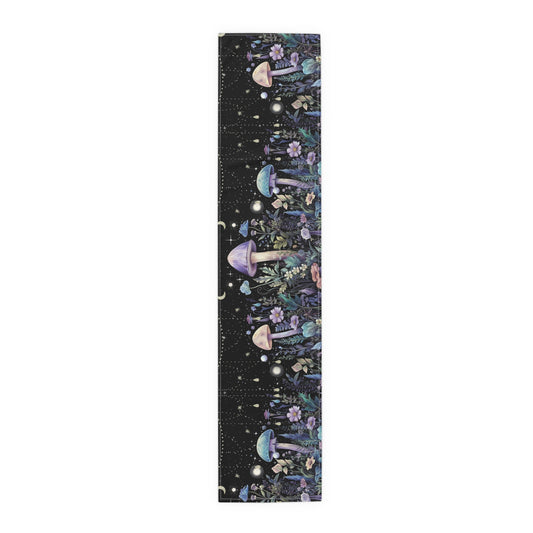 Dark Boho Purple mushroom forest dinner table runner cloth, Whimsical moon dinning room home decor, Table Runner Witchy housewarming gift