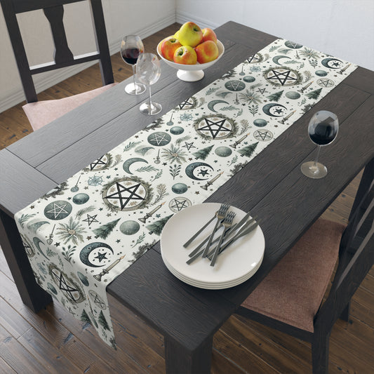 Yule Pagan Christmas Pine Moon Stars Table Runner (Cotton, Poly), Pentagram Nature lover Witch dinner setup holiday home decor gift
