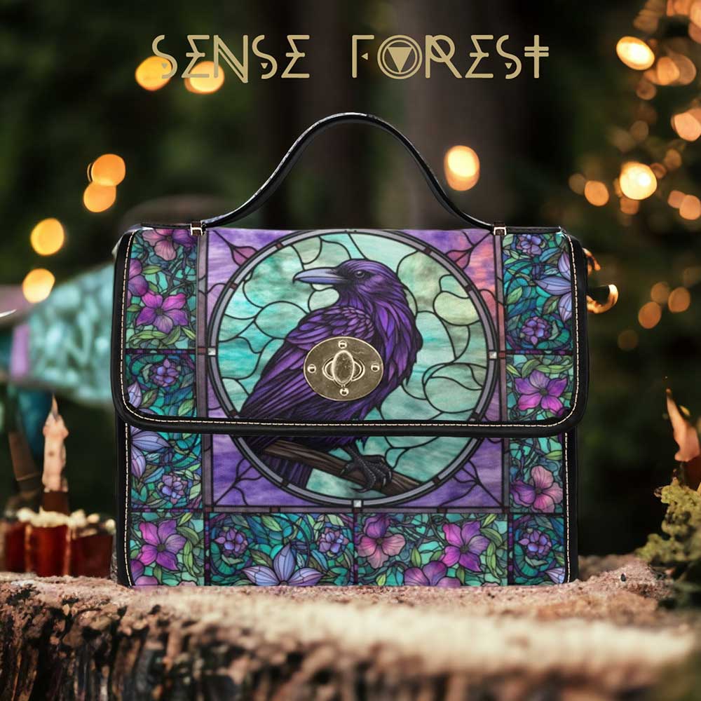 Stained Glass Crow Medieval Goth Canvas Satchel Bag| Sense Forest
