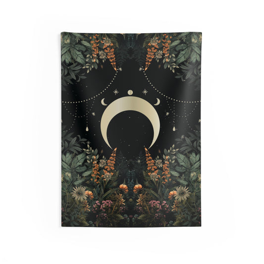 Dark cottagecore witchy moon forest tapestry, Boho mystical witch Indoor Wall Tapestry, Fern wildflower wall art dorm room decor wall hand