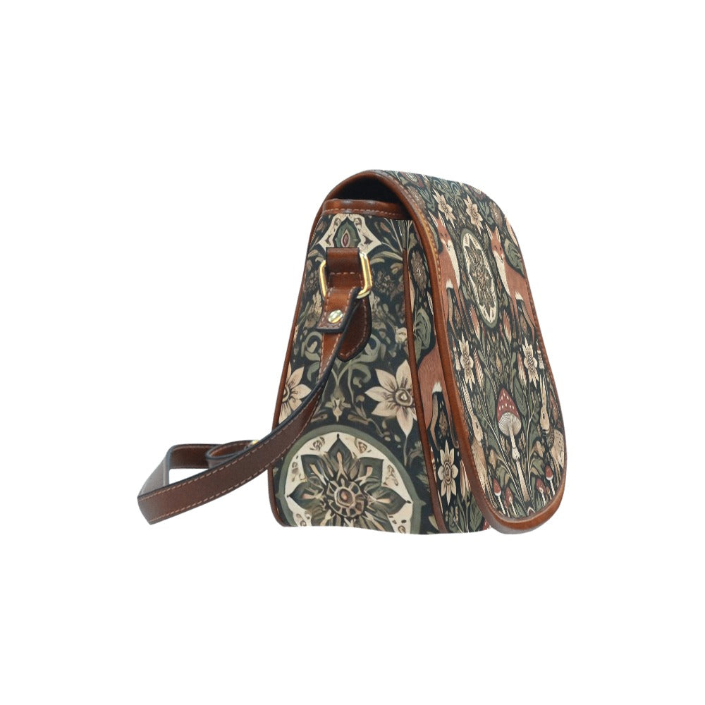 side video of Retro canvas saddle bag with fox mushroom rabbit print in the style of forest witch cottagecore by sense forest