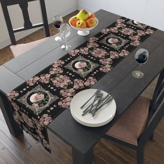 Kawaii goth Pink rose moon witchy table runner, Whimsical dark boho dining room home decor, New home housewarming gift