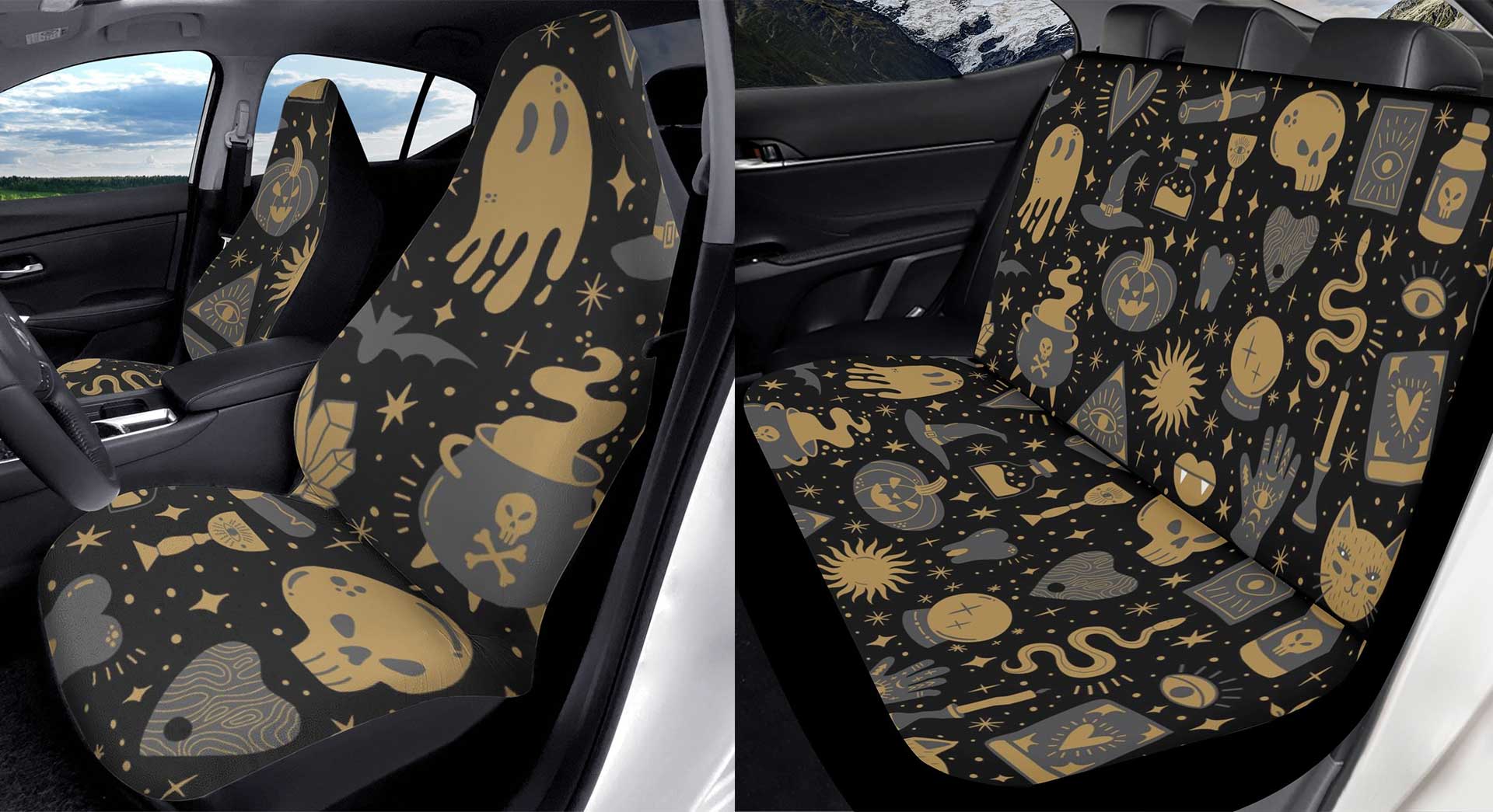 Kawaii goth ghost car seat covers in pastel and black color theme, featuring cute ghost characters showing both front and back seat designs in cute spooky style