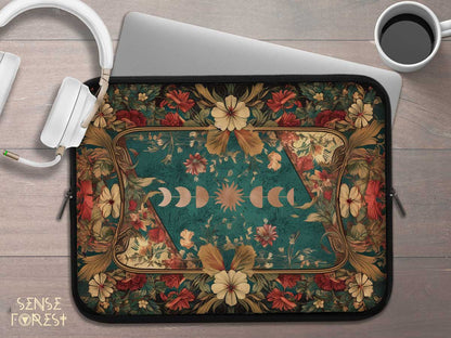 Maximalist floral Teal green sun moon laptop sleeve | Sense Forest