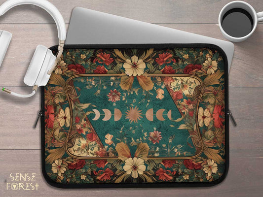 Maximalist floral Teal green sun moon laptop sleeve | Sense Forest