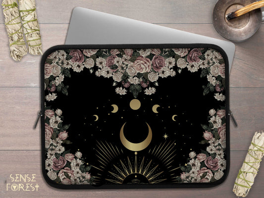 Black Cottagecore pale roses moon phase Occult witch laptop sleeve | Sense Forest