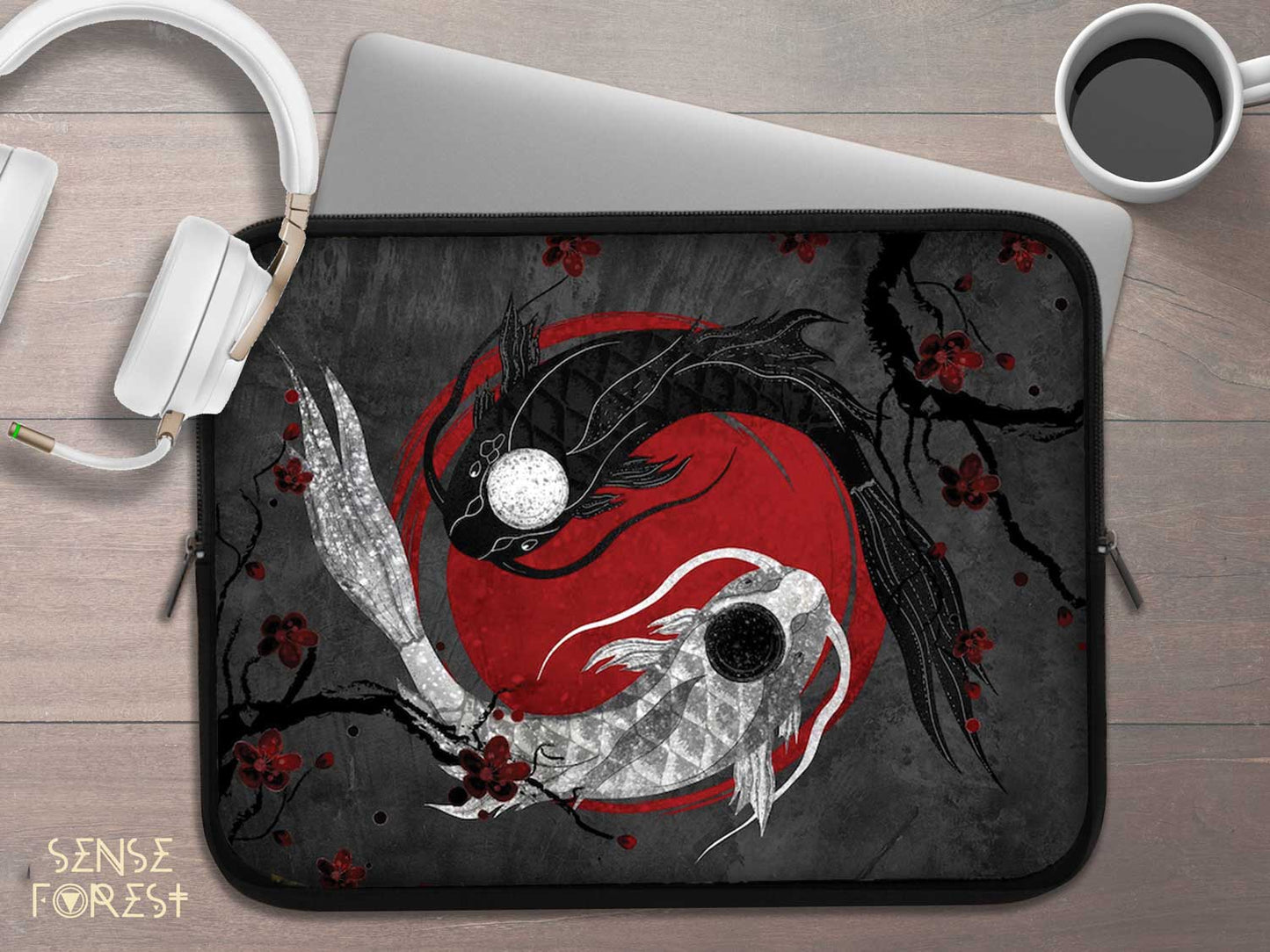 Yinyang Koi fish Japanese aesthetic laptop sleeve | Sense Forest