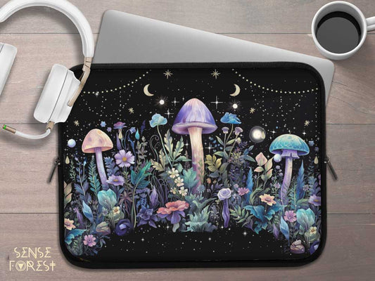 Witchy Cottagecore Peacock blue mushroom laptop sleeve | Sense Forest