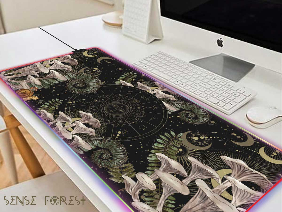 Dark Cottagecore desk mat,  Witchy mushroom gaming mousepad, Forest extended mousepad, gamer desk setup, tarot mat, Green with altar decor