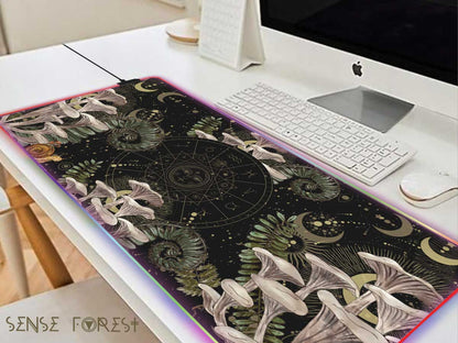 Dark Cottagecore desk mat,  Witchy mushroom gaming mousepad, Forest extended mousepad, gamer desk setup, tarot mat, Green with altar decor
