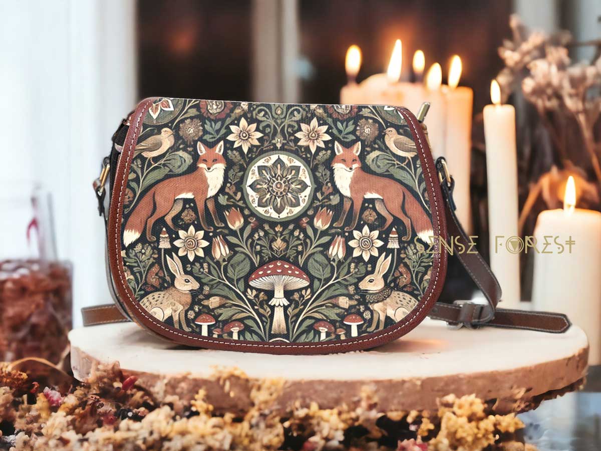 Retro canvas saddle bag with fox mushroom rabbit print in the style of forest witch cottagecore by sense forest