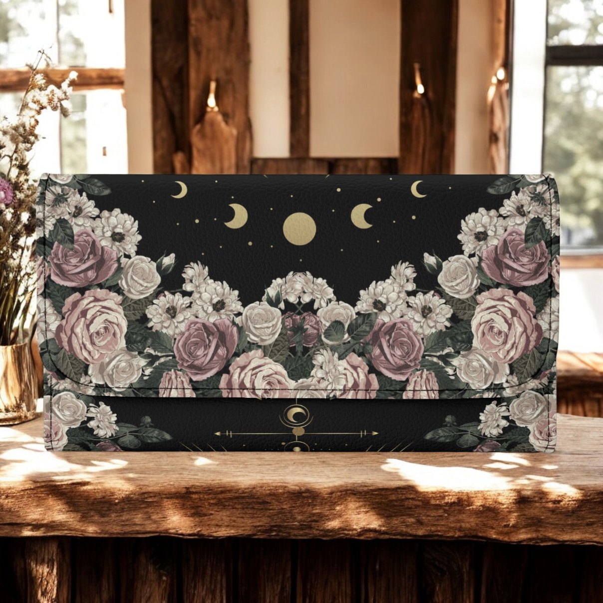 Pale Rose Moon Phase Witchy Vegan Leather clutch wallet by Sense Forest