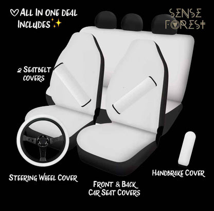 Sense Forest offers full set car seat covers set with seatbelt cover, car steering wheel cover and hand brake cover