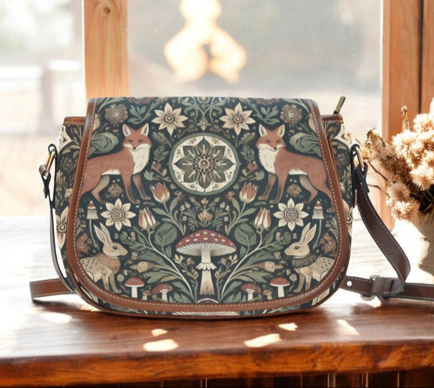 Retro canvas saddle bag with fox mushroom rabbit print in the style of forest witch cottagecore by sense forest