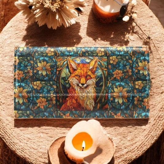 Stained glass Forest Fox Vegan Leather Small Wallet, Spring cottagecore trifold wallet, Credit Card organizer, Whimsical gift