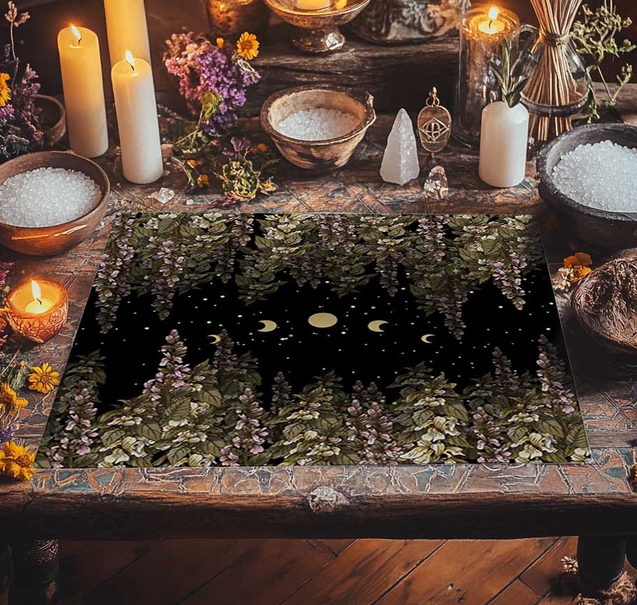 A witchy altar table with  beautiful foxglove moon phase starry night altar cloth, candles, crystal, dried flowers are on the table