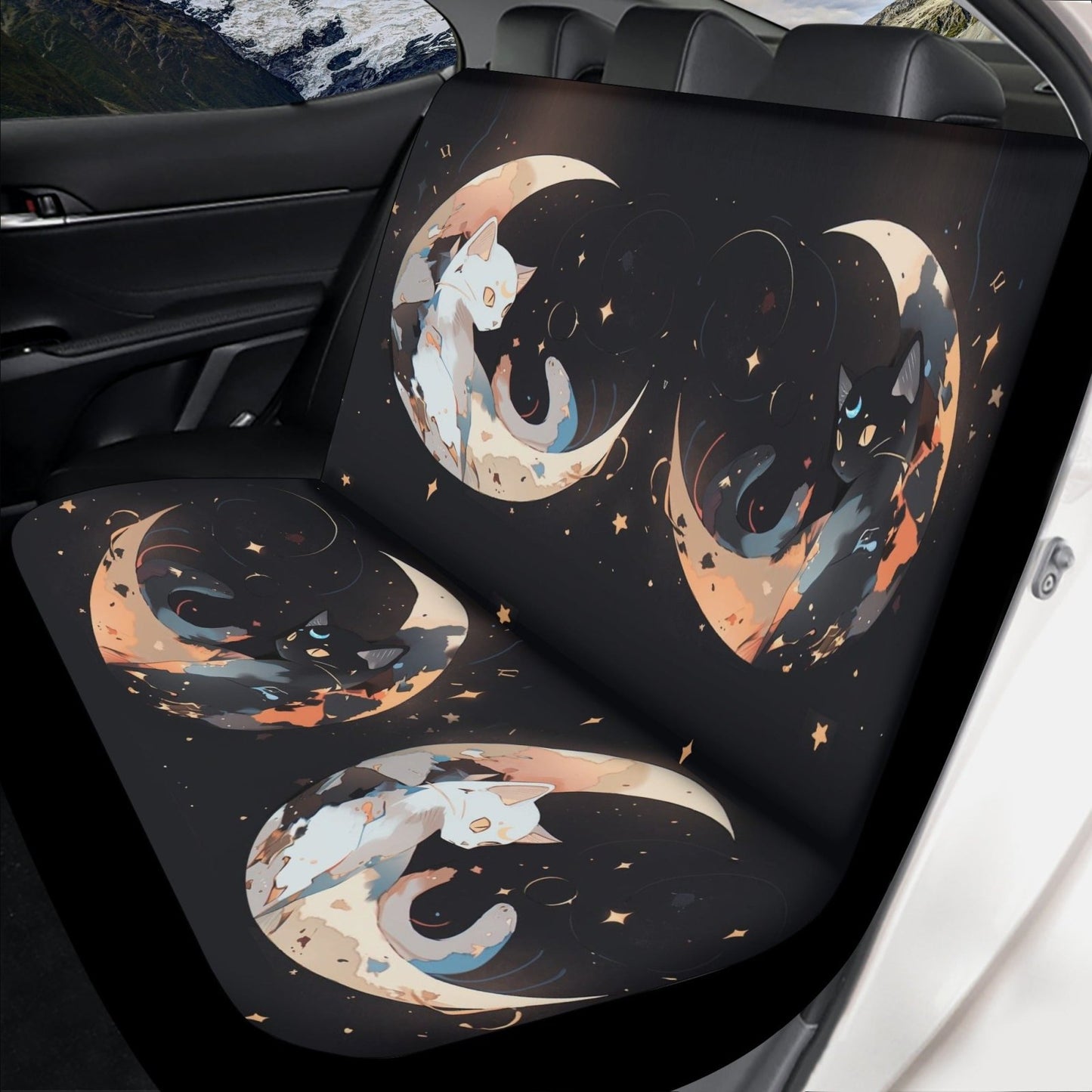 Anime Black White Moon Cats Car Seat Covers Full Set - sense forest